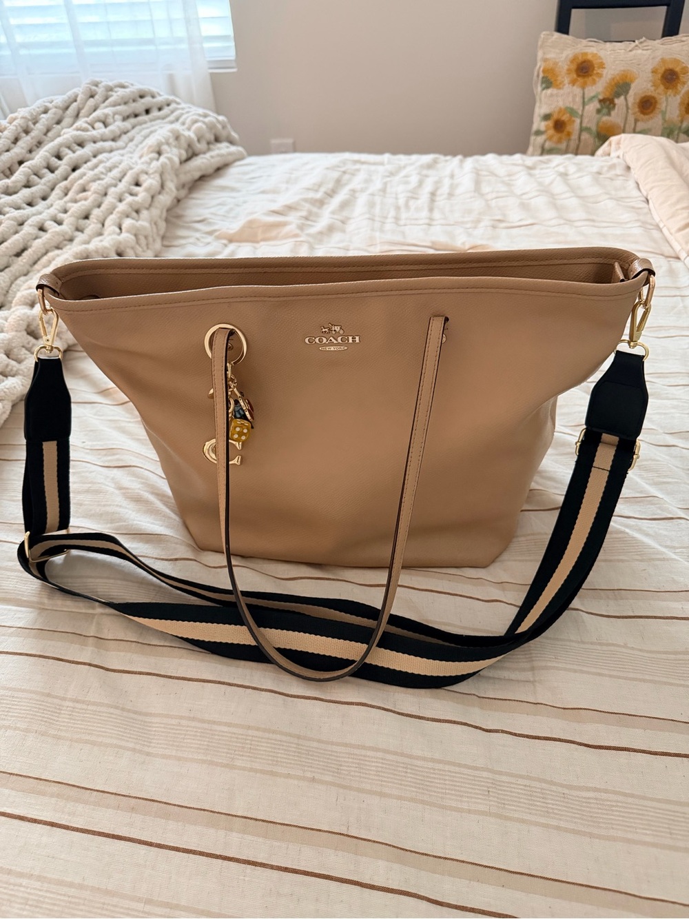 Coach Beige Tote with Black & Beige Striped Strap